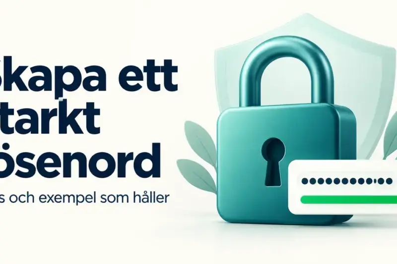 Ett turkost hänglås framför en sköld och ett lösenordsfält med grön bock illustrerar texten ”Skapa ett starkt lösenord – tips och exempel som håller”.
