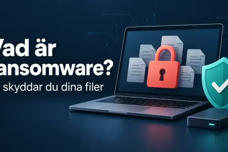 Illustration av en bärbar dator med låsta filer, en skyddssköld och en extern hårddisk som symboliserar skydd mot ransomware och säkerhetskopiering.