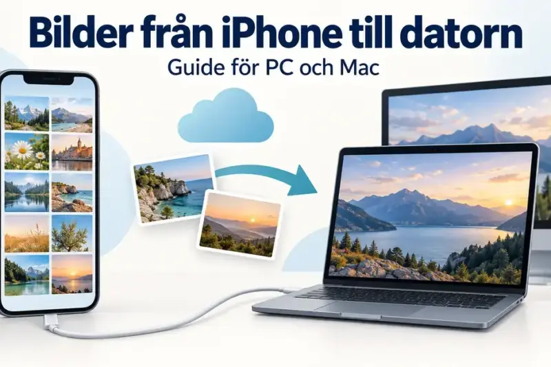 Illustration av bilder som överförs från en iPhone till en bärbar och en stationär dator via USB-kabel och molnet.