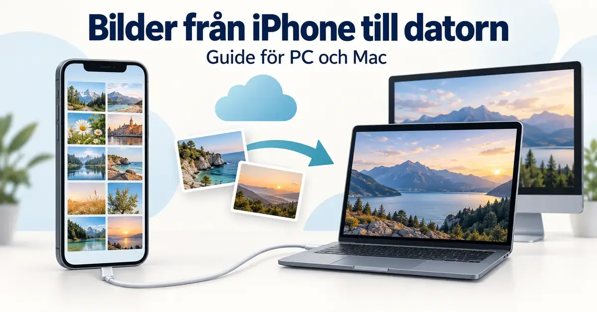 Illustration av bilder som överförs från en iPhone till en bärbar och en stationär dator via USB-kabel och molnet.