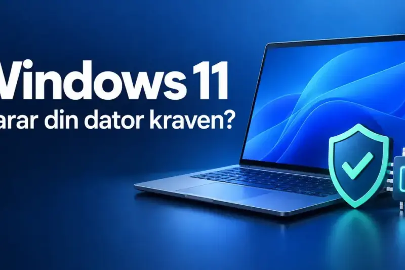Illustration av en bärbar dator, ett säkerhetschip och en sköld med en bock intill texten ”Windows 11 – Klarar din dator kraven?”.